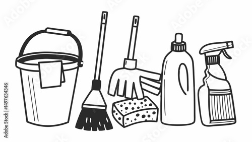 Illustration showing cleaning supplies including a bucket, broom, mop, sponge, and spray bottles created with generated ai