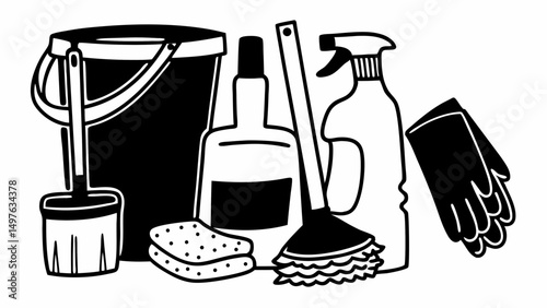 Illustration of a cleaning supplies set with bucket, spray bottle, sponge and gloves for cleaning created with generated ai