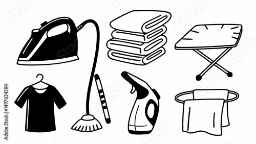 Illustration of laundry and ironing appliances including iron board and clothes steamer device created with generated ai