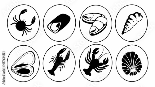 Collection of seafood icons featuring crab, mussels, clams, lobster, and various shellfish in circles created with generated ai