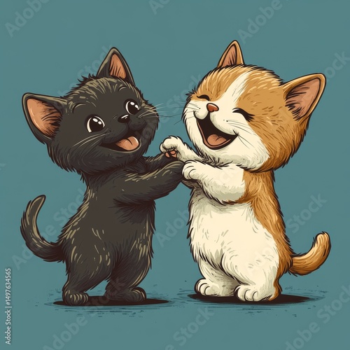 Happy cats dancing, friendship, playful, illustration