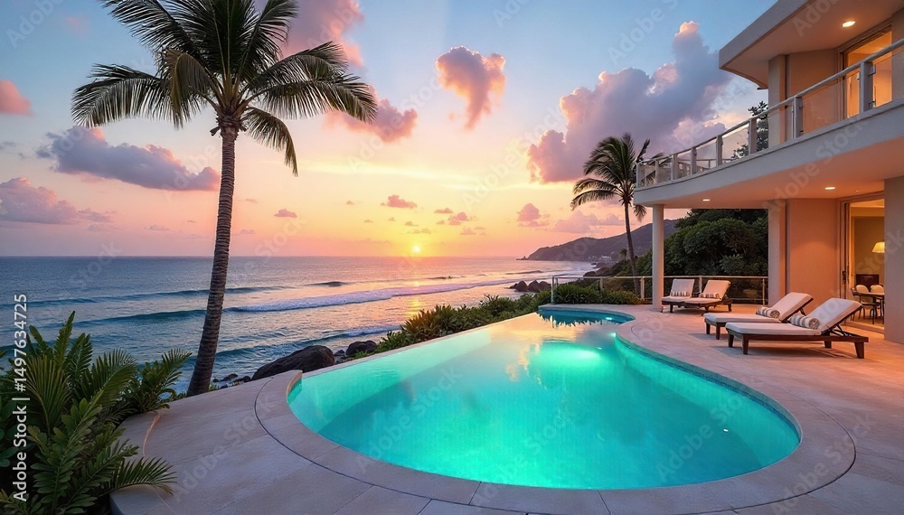 Fototapeta premium Luxury villa with private pool and stunning ocean views, perfect for a relaxing getaway Enjoy breathtaking sunsets and outdoor living at its finest , beach, architecture, sunshine