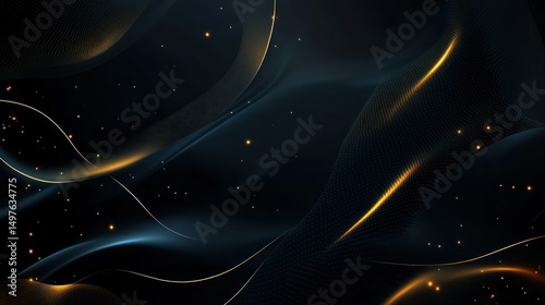 Elegant abstract dark blue background with golden glowing lines and sparkles.