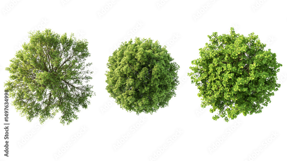 Fototapeta premium Three Green Trees Top View, Isolated on Transparent Background, Nature, Foliage, Aerial View, Trees, Nature, Environment