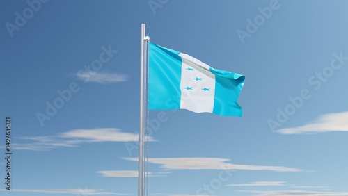 3D rendering of the Honduras national flag, featuring three horizontal stripes—blue, white, and blue—with five blue stars in the center, waving atop a snow-covered mountain peak, symbolizing unity and