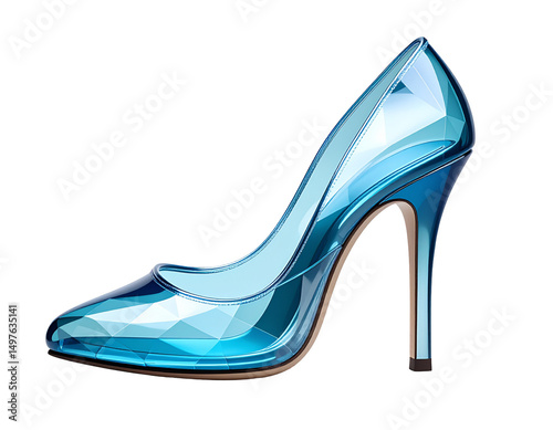 A vibrant,  clear blue glass high-heeled shoe
