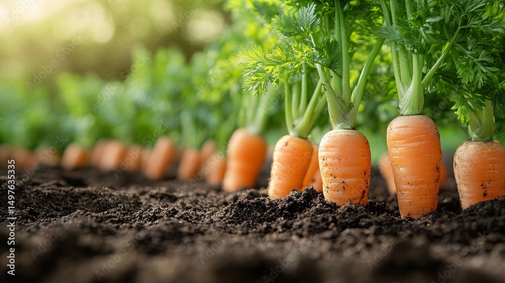 Close up Of Young Orange Carrots Growing In Rich Soil Close up Of Young Orange Carrots Growing In Rich Soil