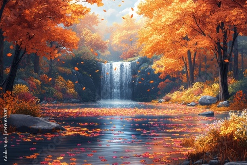 Autumn Waterfall, Forest Pond, Colorful Leaves