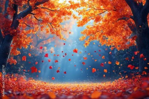 Autumn leaves fall in misty forest; serene background