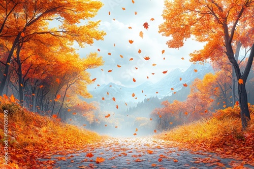 Autumn path, falling leaves, mountains, misty forest, nature scene