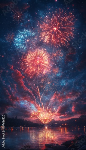 Fireworks over lake at night, colorful sky, celebration
