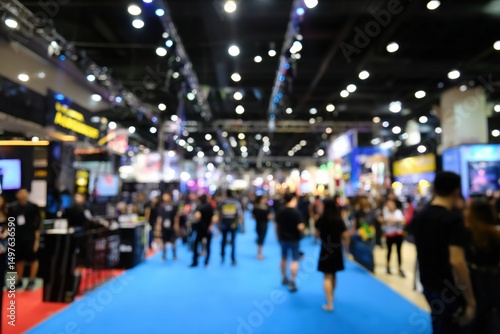 Wallpaper Mural A vibrant, blurry view of a crowded indoor exhibition or trade show with bright lights and people walking on a blue carpet. Torontodigital.ca