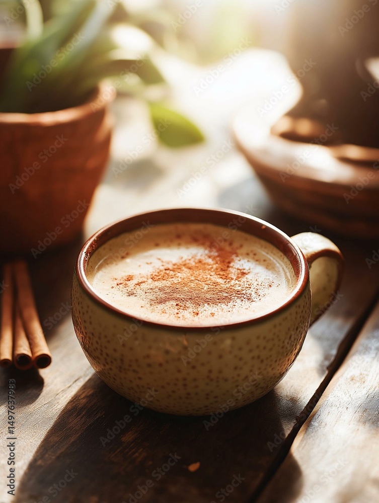Close-up of a cup of coffee on a wooden table. the cup is white with a speckled pattern and has a handle on the side. the coffee is frothy and topped with a generous amount of cinnamon powder. Close-up of a cup of coffee on a wooden table. the cup is white with a speckled pattern and has a handle on the side. the coffee is frothy and topped with a generous amount of cinnamon powder.
