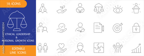 Editable line icon set on ethical leadership, personal growth, equality, justice, and success. Perfect for business, HR, coaching, and motivational projects.