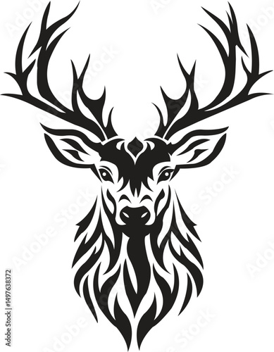 Deer Head Illustration - Tribal Deer Head with Antlers Vector Illustration in Black and White