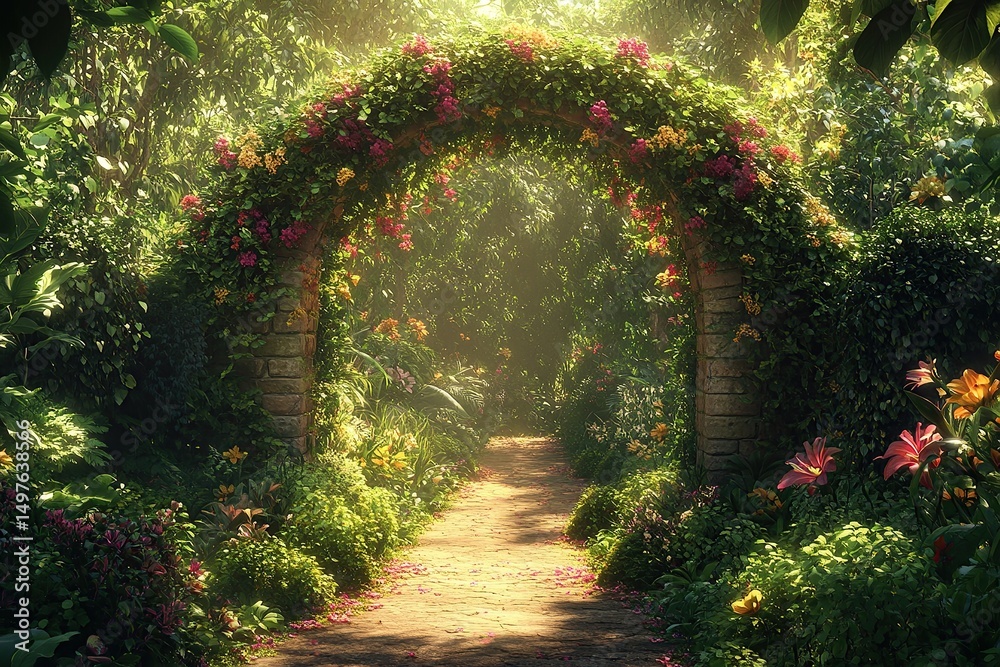 Fototapeta premium A beautiful archway made of lush green plants and flowers in the tropical garden