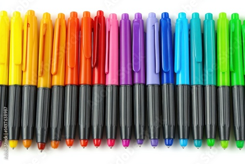 A row of vibrant colored markers on a white background.