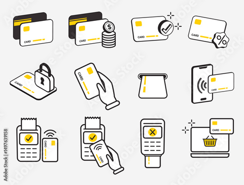 set of credit and debit card icon and symbol, business and financial concept, flat icon design