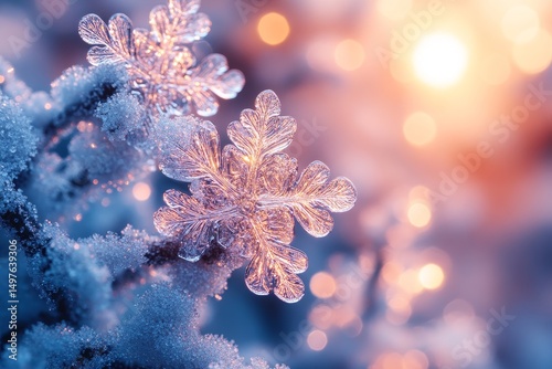 Close-up snowflake winter sunset bokeh background