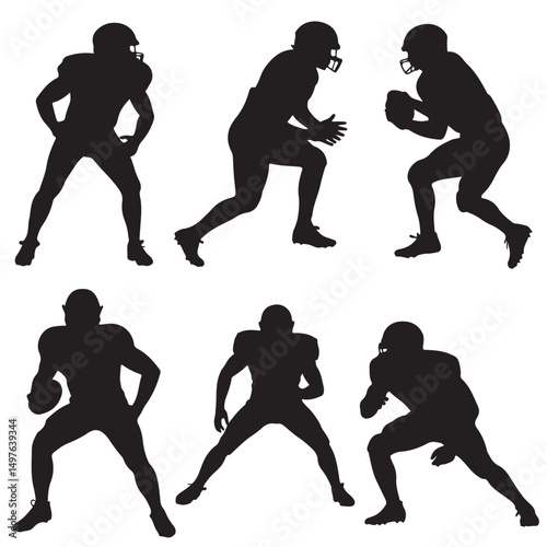 set of black American Football Player Silhouettes in Action Poses, American Football Player Silhouettes
