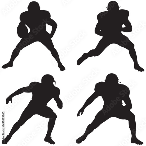 set of black American Football Player Silhouettes in Action Poses, American Football Player Silhouettes
