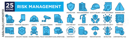 risk management icon collection set. Containing design Risk Assessment, Shield Protection, Safety Helmet, Legal Document, Warning Sign,