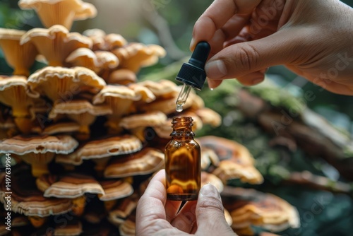 Hands hold dropper and amber bottle, dispensing liquid. Clusters of mushrooms and mossy wood in background. photo