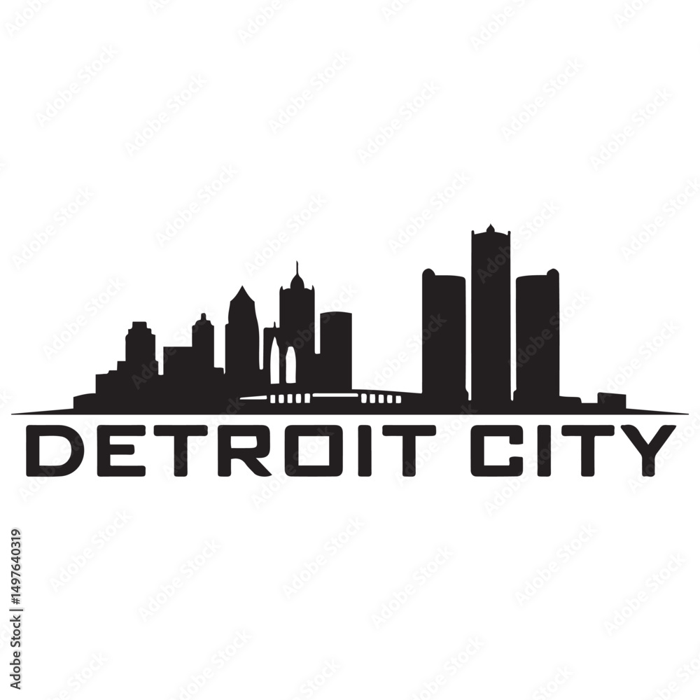 Naklejka premium Detroit City skyline horizontal banner. Black Detroit City, Michigan. Vector template for your design. Vector black silhouette. with white background