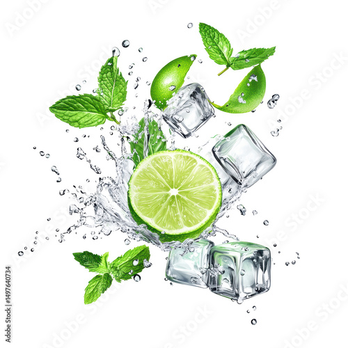 Isolated Lime with Ice Cubes and Mint