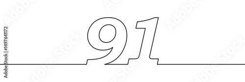 A single line drawing of a ninety one symbol. One line icon. Continuous line ninety first number icon. Simple black outline of the number 91. Vector illustration