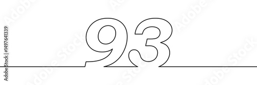 A single line drawing of a ninety three  symbol. One line icon. Continuous line ninety third number icon. Simple black outline of the number 93. Vector illustration