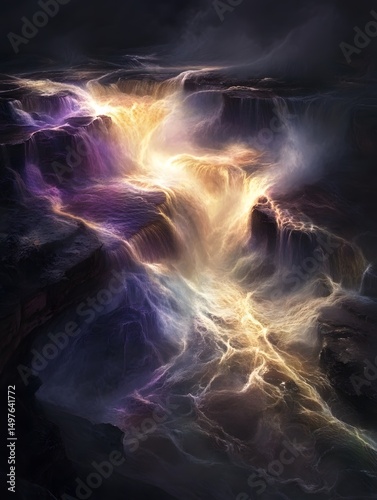 Abstract landscape with glowing waterfall and dark sky creating a dreamlike atmosphere view
