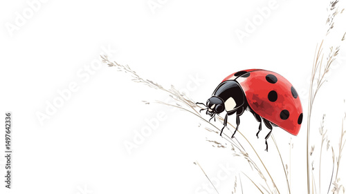 Close-up macro photograph of a ladybug perched on a slender grass blade against a stark white background. The image showcases exceptional detail, highlighting the insect's vibrant red elytra.
