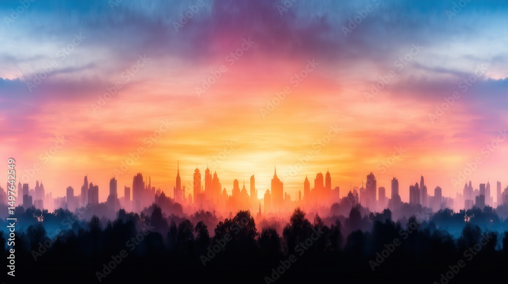Fototapeta premium Sunrise over a city skyline, vibrant colors, tranquil