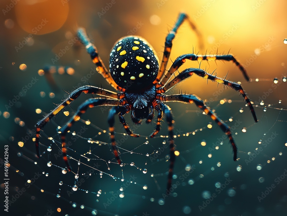 Obraz premium Close-up of a vibrant spider weaving its intricate web in a sunlit forest
