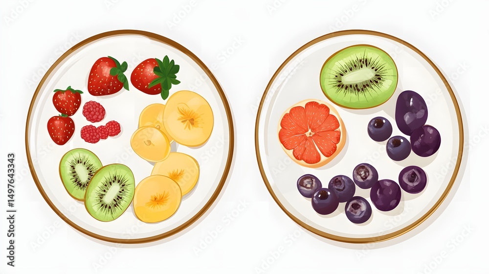 Naklejka premium Digital illustration depicts a circular fruit platter with strawberries, grapes, kiwi, and orange slices.
