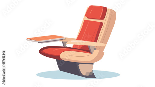 A cartoon illustration of a beige and red airplane seat with a small table attached to one armrest.

