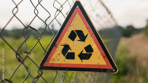 Warning Sign for Recycling Zone with Grassy Background at Dusk