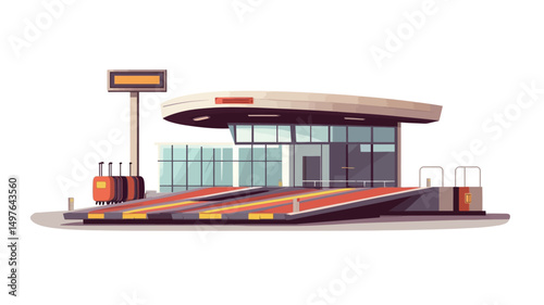 A stylized, modern gas station with a flat, cantilevered roof stands on a platform.
