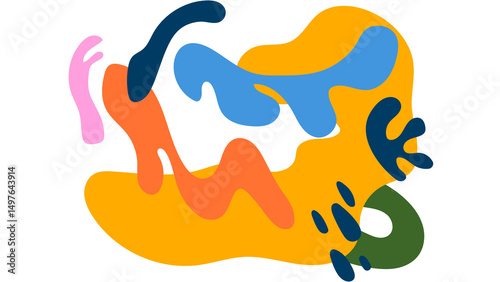 Vibrant and energetic abstract composition of organic shapes and fluid forms, creating a playful and modern design, perfect for backgrounds, digital art, or contemporary graphic projects.