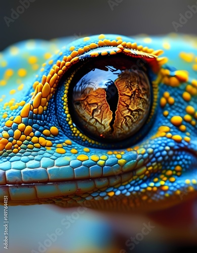 This dazzling gecko showcases a blend of iridescent colors, with large expressive eyes and intricate scale patterns, highlighting its unique beauty in a lush environment.