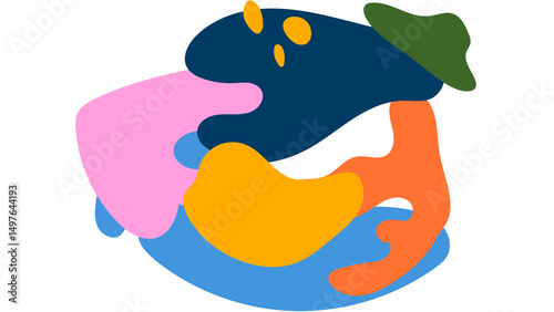 Colorful interconnected blobby abstract shapes in pink, dark blue, yellow, orange, light blue, and dark green on a clean white background.