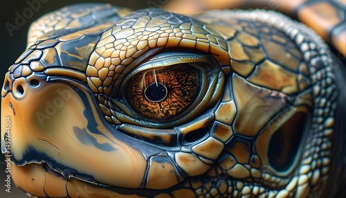 A tortoise is captured in detailed close-up, focusing on its textured shell and eye. The warm light highlights the intricate colors and patterns of this captivating creature.