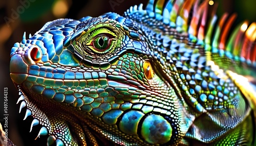 A colorful iguana basks in the sunlight, showcasing its vibrant scales and unique patterns. The creature rests among green foliage, blending in with its surroundings.