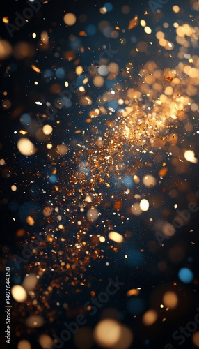 Golden sparkles trail dark background, celebration