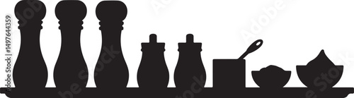 Black Silhouettes of Spice and Condiment Bottles on Tray