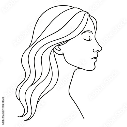 Line art of a woman’s profile with flowing hair and closed eyes  