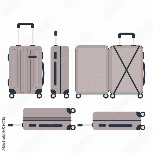 A set of beige suitcases with different perspectives. Family travel suitcases, hand luggage and checked baggage.