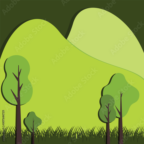 The stylized landscape is a bright green hill with smooth outlines against a dark green sky, a group of trees with rounded lush crowns and a patch of stylized grass at the base.