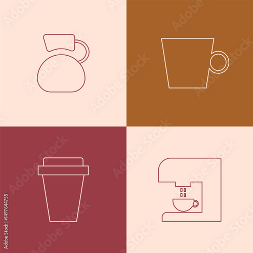 A collection of coffee-related icons, a teapot, a mug with a handle, a takeaway cup with a lid, and a coffee maker. The background is made in four colors.